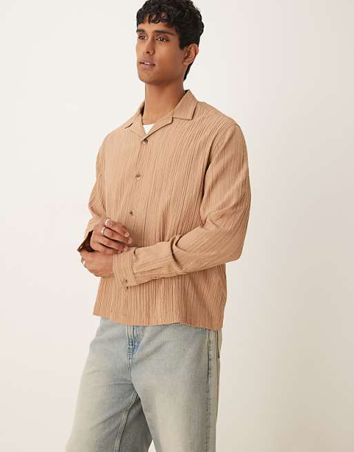asos ASOS DESIGN boxy textured regular shirt in beige