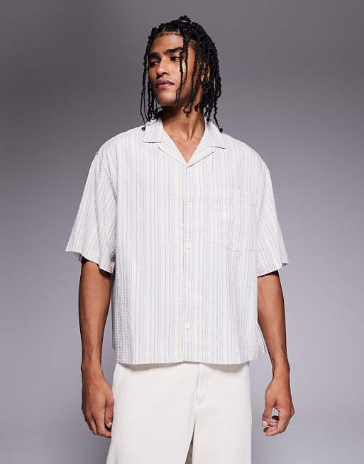 asos ASOS DESIGN boxy volume oversized seersucker shirt in blue stripe