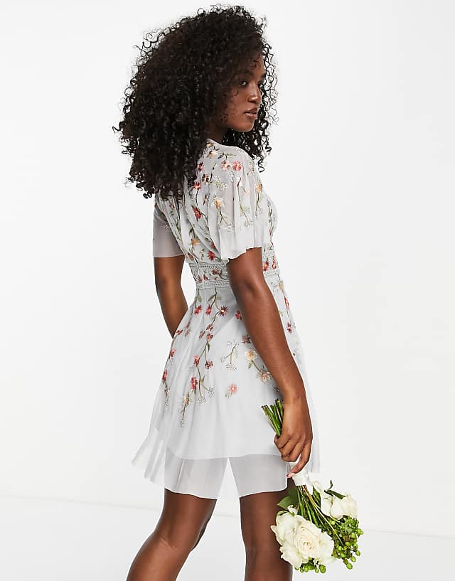 Asos ASOS DESIGN Bridesmaid Floral Embroidered Flutter Sleeve Mini Dress With Embellishment In Soft Blue