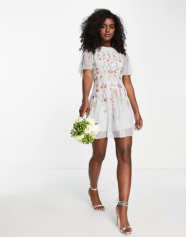 Asos ASOS DESIGN Bridesmaid Floral Embroidered Flutter Sleeve Mini Dress With Embellishment In Soft Blue