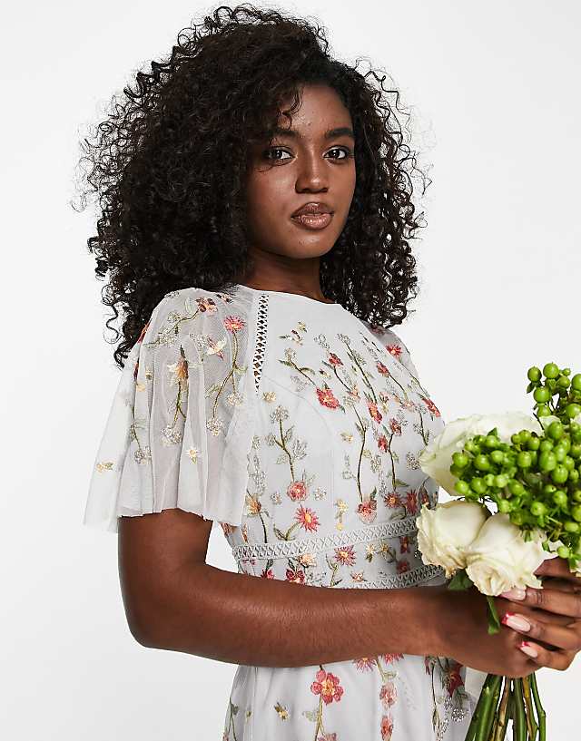 Asos ASOS DESIGN Bridesmaid Floral Embroidered Flutter Sleeve Mini Dress With Embellishment In Soft Blue