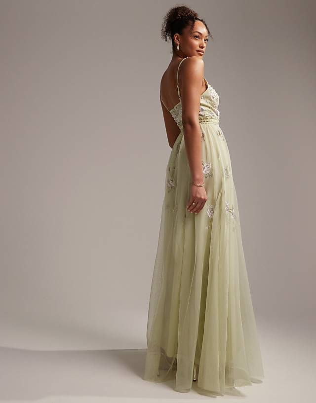 Asos ASOS DESIGN Bridesmaid Pearl Embellished Cami Maxi Dress With Floral Embroidery In Sage