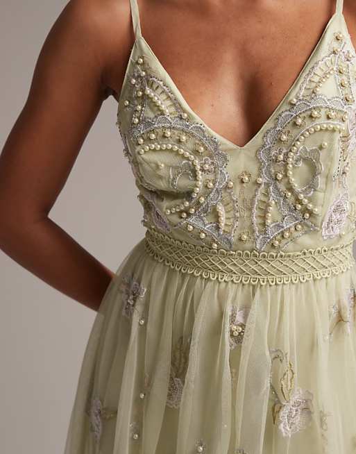 Asos ASOS DESIGN Bridesmaid Pearl Embellished Cami Maxi Dress With Floral Embroidery In Sage