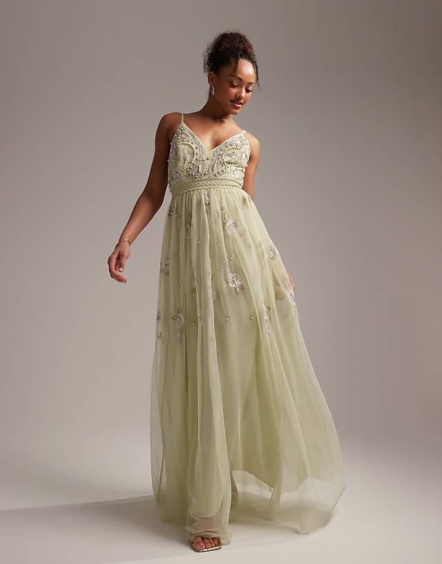 Asos ASOS DESIGN Bridesmaid Pearl Embellished Cami Maxi Dress With Floral Embroidery In Sage