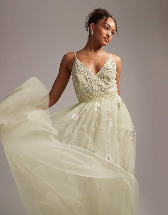 asos ASOS DESIGN Bridesmaid pearl embellished cami maxi dress with floral embroidery in sage