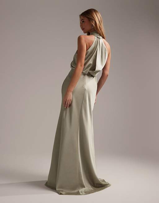 Asos ASOS DESIGN Bridesmaid Satin Ruched Halter Neck Maxi Dress In Sage Green