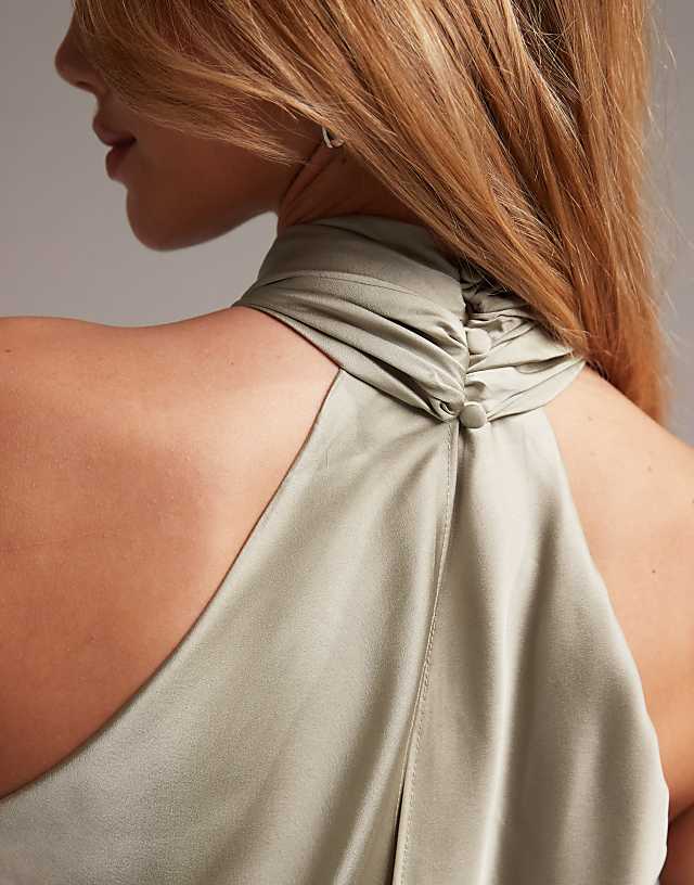 Asos ASOS DESIGN Bridesmaid Satin Ruched Halter Neck Maxi Dress In Sage Green