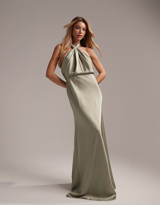 asos ASOS DESIGN Bridesmaid satin ruched halter neck maxi dress in sage green