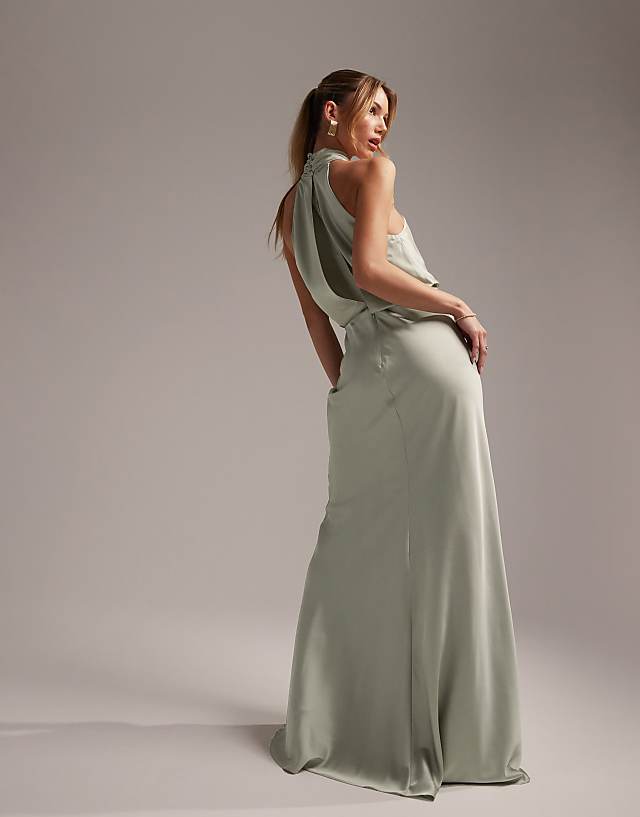 Asos ASOS DESIGN Bridesmaid Satin Ruched Halter Neck Maxi Dress In Sage Green