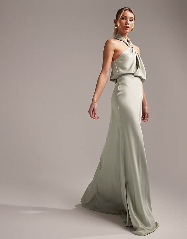 Asos ASOS DESIGN Bridesmaid Satin Ruched Halter Neck Maxi Dress In Sage Green