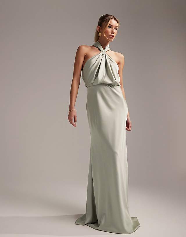 asos ASOS DESIGN Bridesmaid satin ruched halter neck maxi dress in sage green