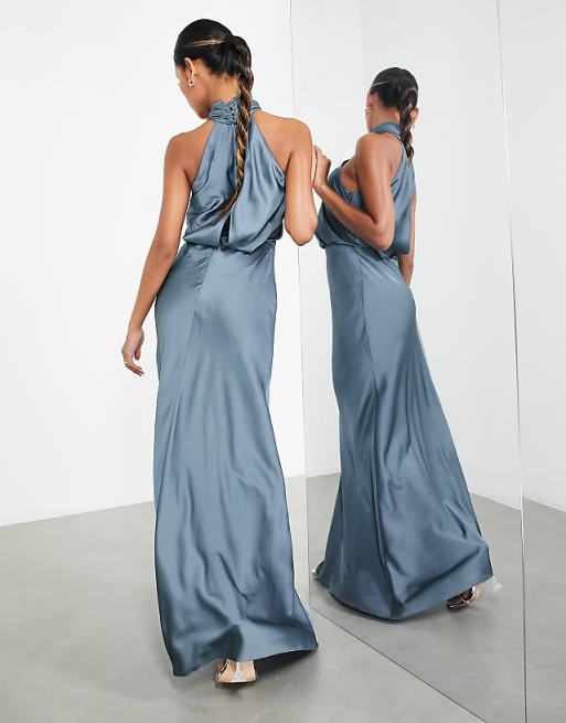 Asos ASOS DESIGN Bridesmaid Satin Ruched Halter Neck Maxi Dress In Dusky Blue