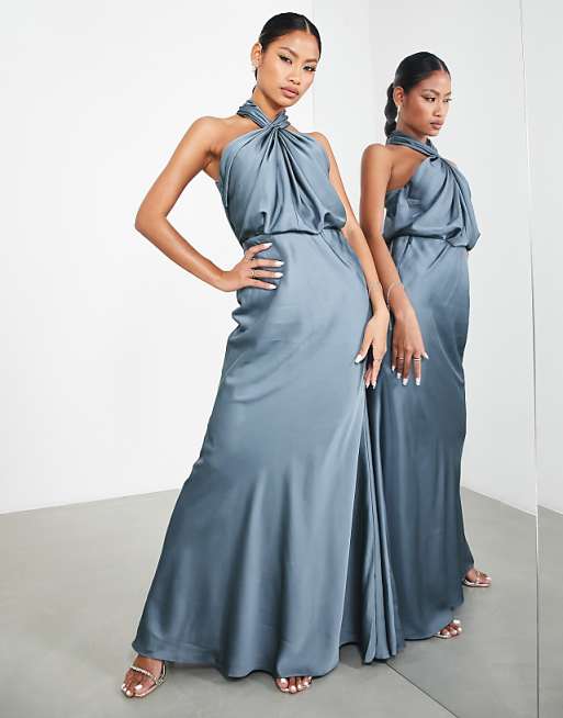 Asos ASOS DESIGN Bridesmaid Satin Ruched Halter Neck Maxi Dress In Dusky Blue