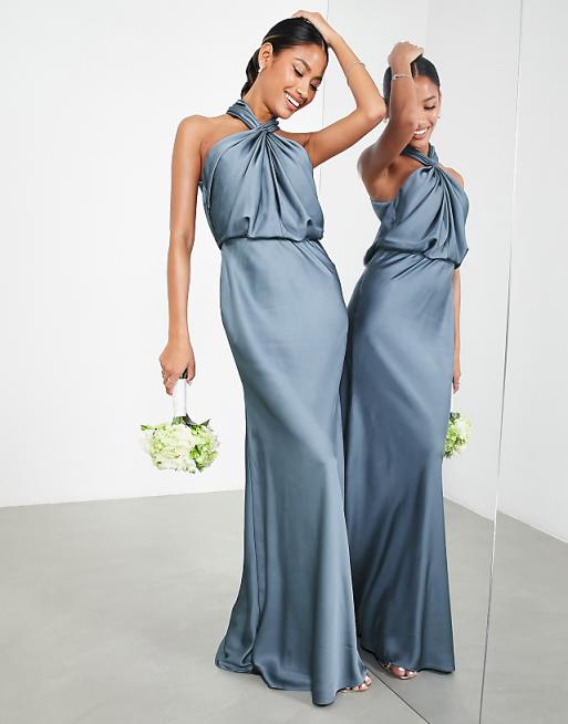 asos ASOS DESIGN Bridesmaid satin ruched halter neck maxi dress in dusky blue