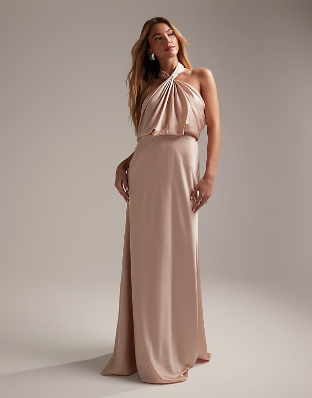 asos ASOS DESIGN Bridesmaid satin ruched halter neck maxi dress in blush