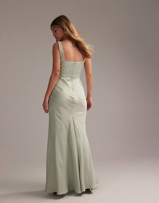Asos ASOS DESIGN Bridesmaid Satin Square Neck Maxi Dress In Light Green