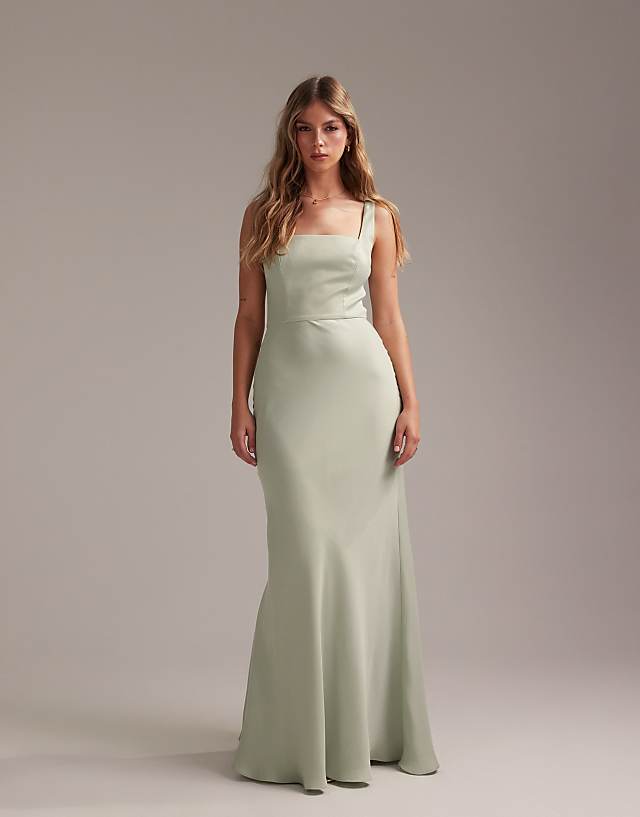 Asos ASOS DESIGN Bridesmaid Satin Square Neck Maxi Dress In Light Green