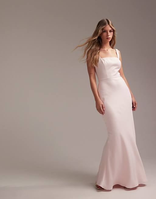 asos ASOS DESIGN Bridesmaid satin square neck maxi dress in soft pink