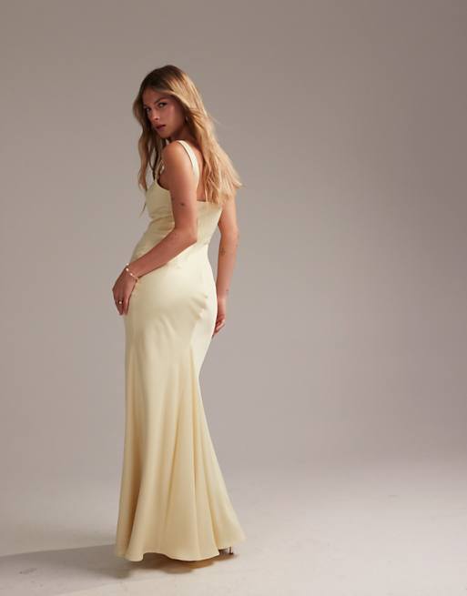 Asos ASOS DESIGN Bridesmaid Satin Square Neck Maxi Dress In Soft Yellow