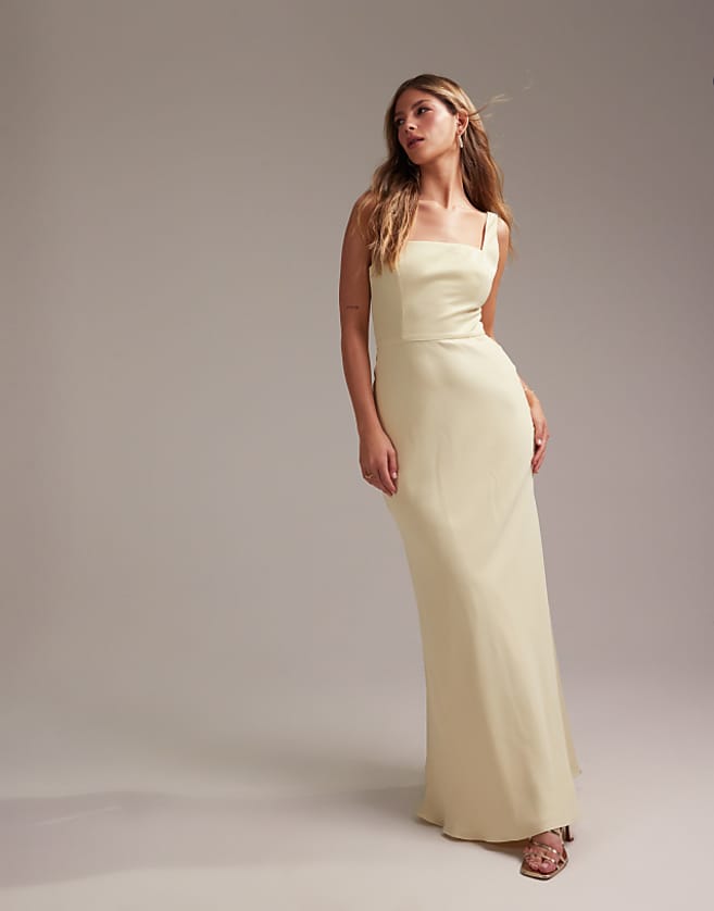 asos ASOS DESIGN Bridesmaid satin square neck maxi dress in soft yellow