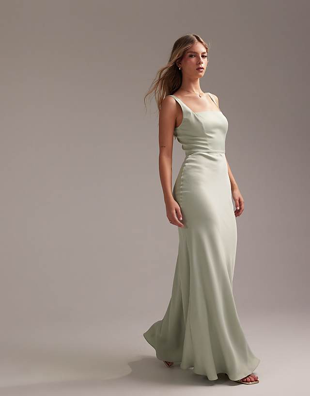 asos ASOS DESIGN Bridesmaid satin square neck maxi dress in light green