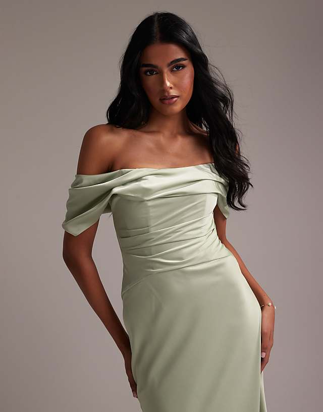 Asos ASOS DESIGN Bridesmaids Bardot Satin Maxi Dress In Light Green