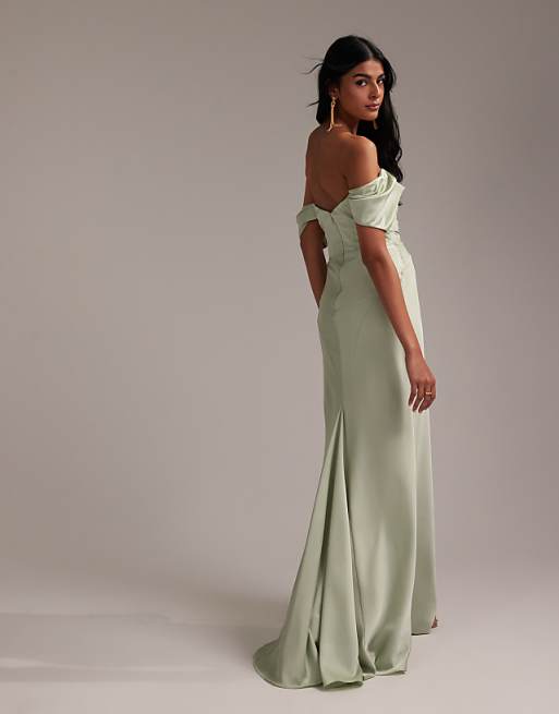 Asos ASOS DESIGN Bridesmaids Bardot Satin Maxi Dress In Light Green