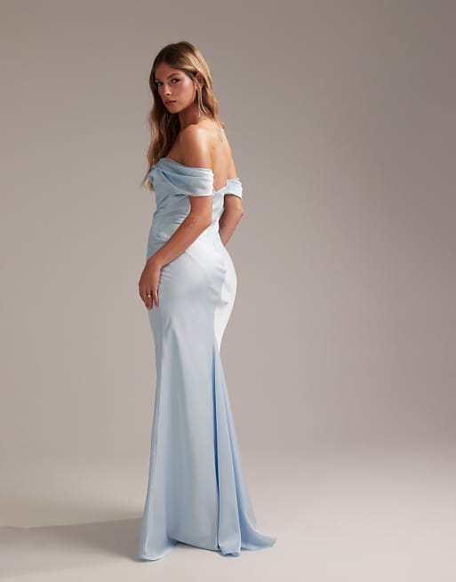 Asos ASOS DESIGN Bridesmaids Bardot Satin Maxi Dress In Light Blue