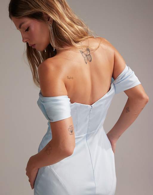 Asos ASOS DESIGN Bridesmaids Bardot Satin Maxi Dress In Light Blue