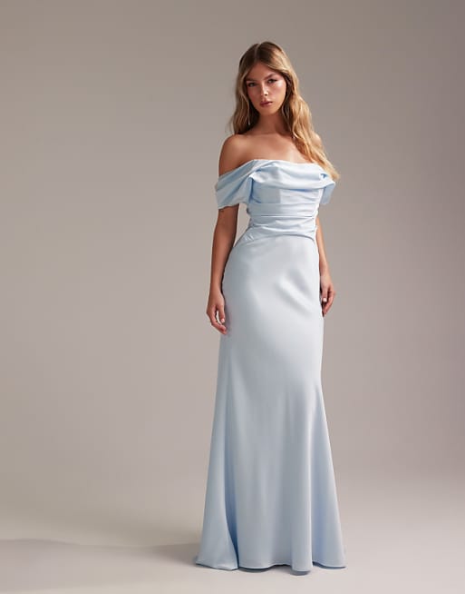 asos ASOS DESIGN Bridesmaids bardot satin maxi dress in light blue