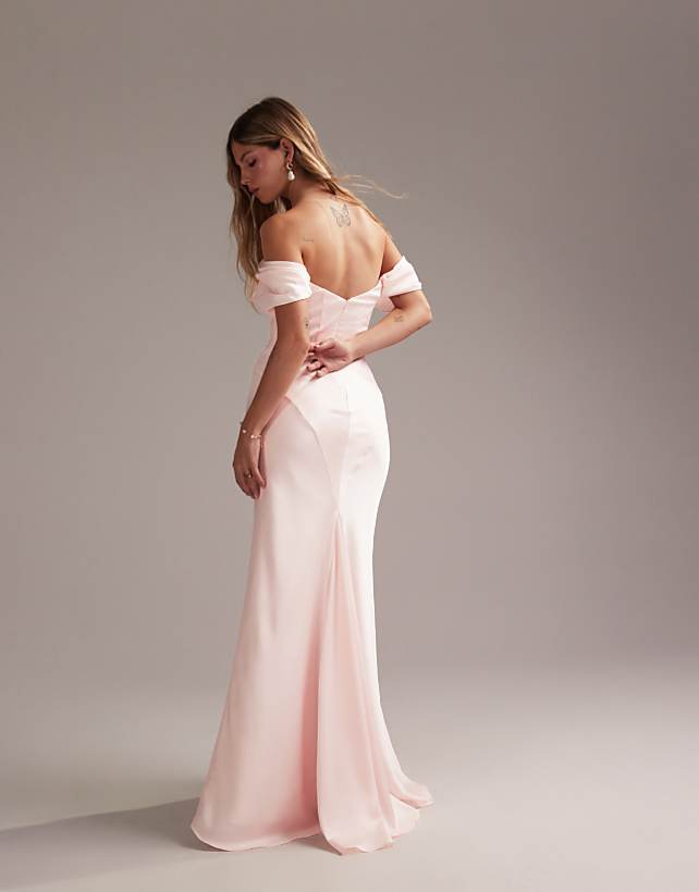 Asos ASOS DESIGN Bridesmaids Bardot Satin Maxi Dress In Soft Pink
