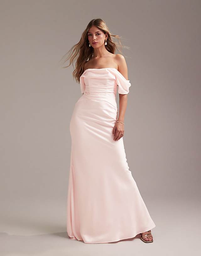 asos ASOS DESIGN Bridesmaids bardot satin maxi dress in soft pink