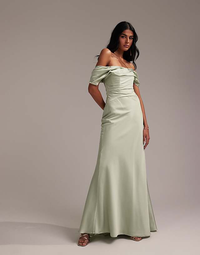 asos ASOS DESIGN Bridesmaids bardot satin maxi dress in light green