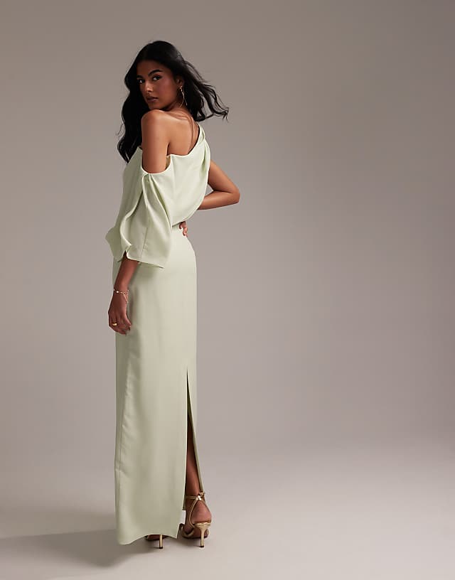 Asos ASOS DESIGN Bridesmaids Crepe One Shoulder Draped Maxi Dress In Light Green