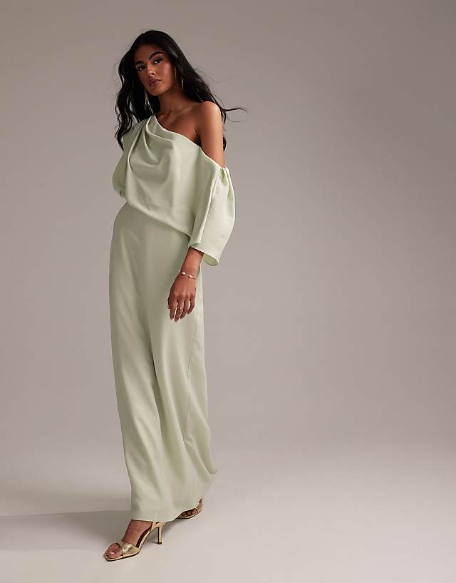 Asos ASOS DESIGN Bridesmaids Crepe One Shoulder Draped Maxi Dress In Light Green