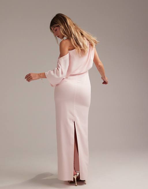 Asos ASOS DESIGN Bridesmaids Crepe One Shoulder Draped Maxi Dress In Soft Pink