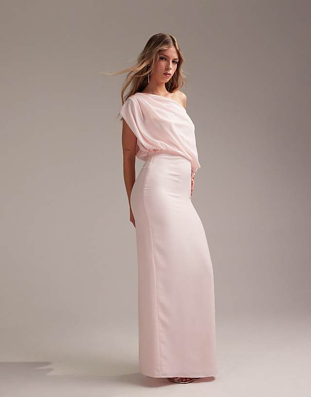 asos ASOS DESIGN Bridesmaids crepe one shoulder draped maxi dress in soft pink