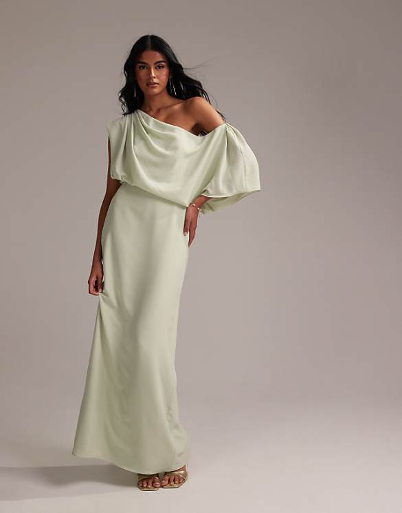 asos ASOS DESIGN Bridesmaids crepe one shoulder draped maxi dress in light green