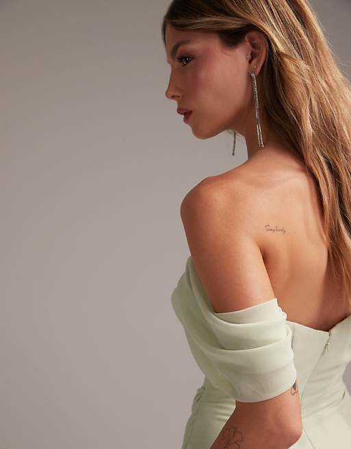 Asos ASOS DESIGN Bridesmaids Draped Bardot Midaxi Dress In Light Green