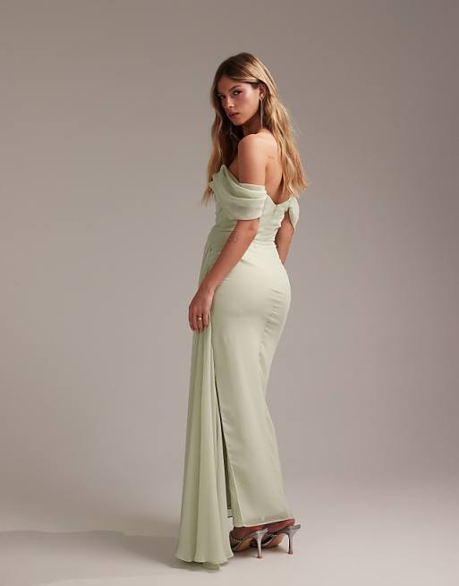 Asos ASOS DESIGN Bridesmaids Draped Bardot Midaxi Dress In Light Green