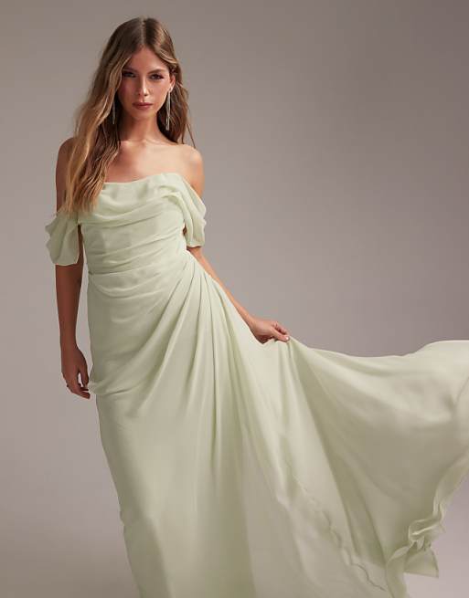 Asos ASOS DESIGN Bridesmaids Draped Bardot Midaxi Dress In Light Green