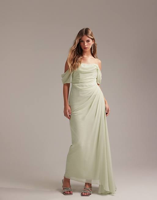 asos ASOS DESIGN Bridesmaids draped bardot midaxi dress in light green