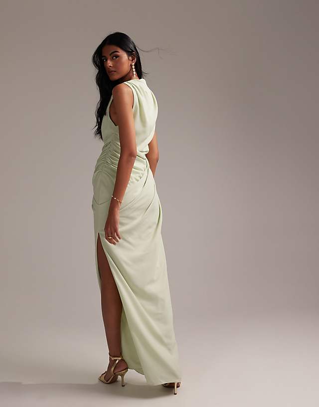 Asos ASOS DESIGN Bridesmaids Draped Overlay Crepe Maxi Dress In Light Green