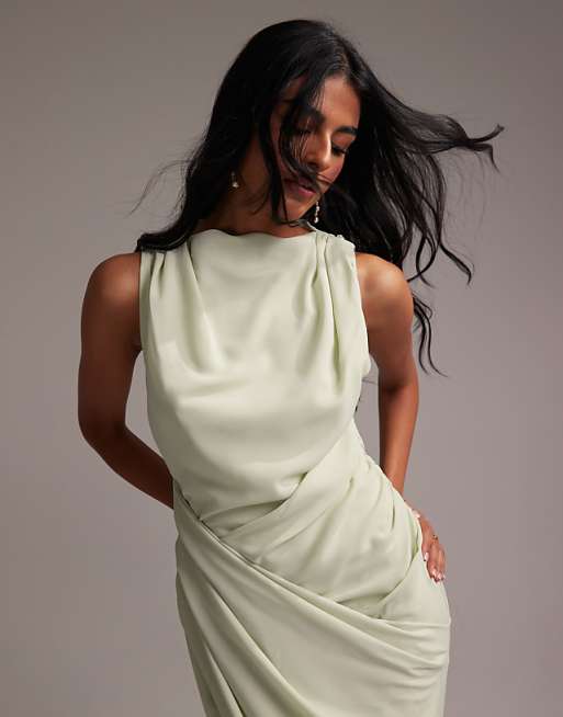 Asos ASOS DESIGN Bridesmaids Draped Overlay Crepe Maxi Dress In Light Green