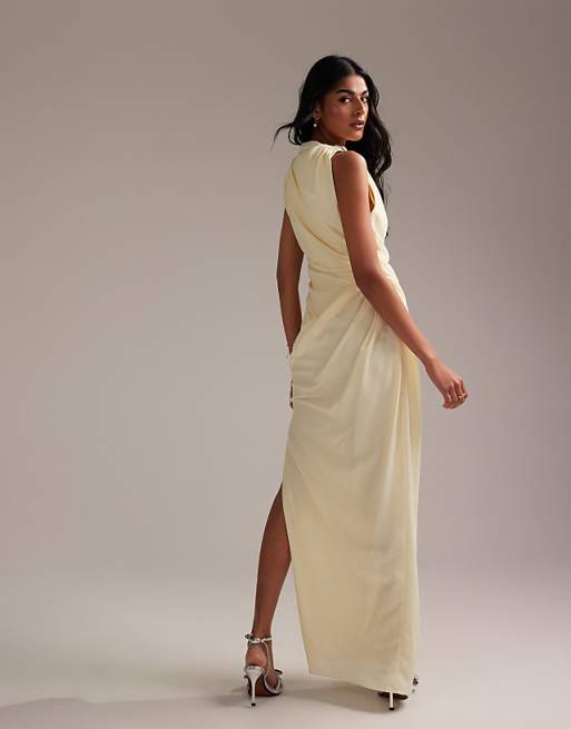 Asos ASOS DESIGN Bridesmaids Draped Overlay Crepe Maxi Dress In Soft Yellow