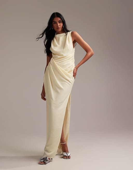 asos ASOS DESIGN Bridesmaids draped overlay crepe maxi dress in soft yellow