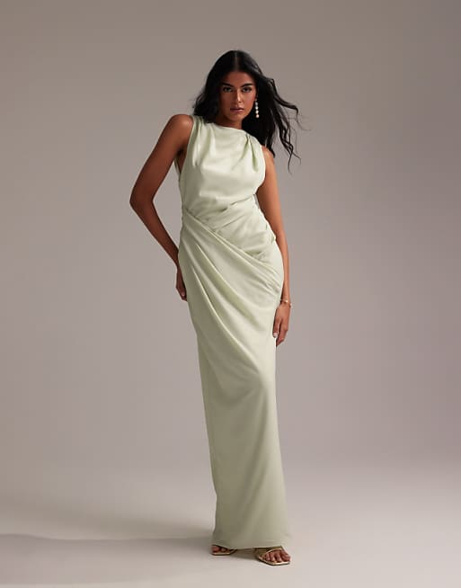 asos ASOS DESIGN Bridesmaids draped overlay crepe maxi dress in light green