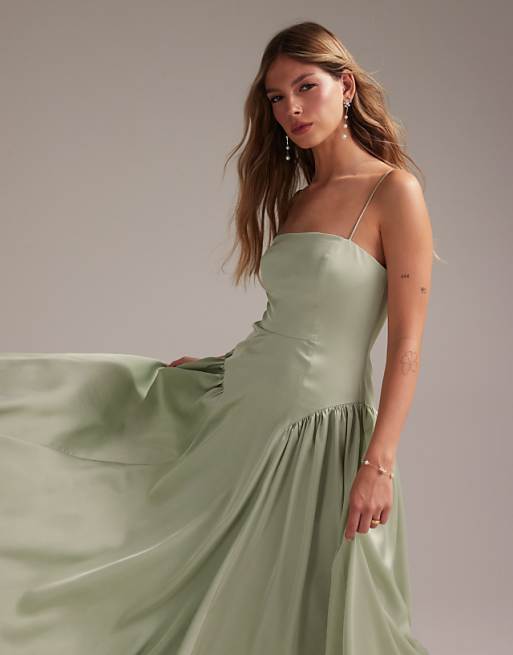Asos ASOS DESIGN Bridesmaids Drop Waist Tie Detail Cami Midaxi Dress In Light Green
