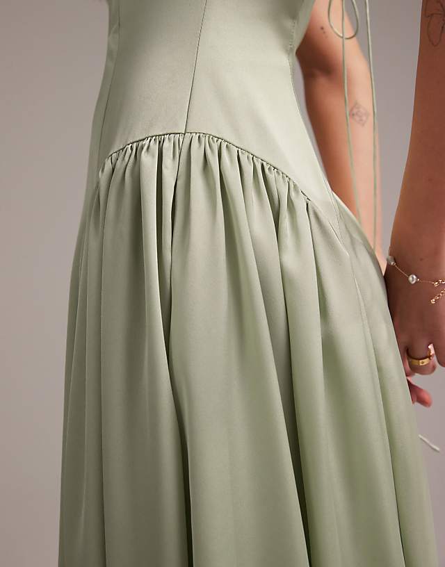 Asos ASOS DESIGN Bridesmaids Drop Waist Tie Detail Cami Midaxi Dress In Light Green