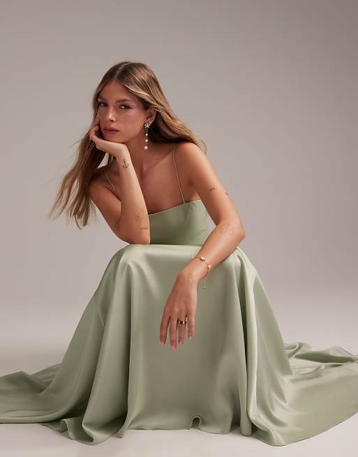 Asos ASOS DESIGN Bridesmaids Drop Waist Tie Detail Cami Midaxi Dress In Light Green